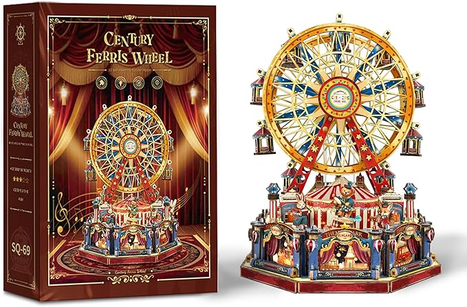 DIY 3D Wooden Puzzle Ferris Wheel Music Box Kit with LED,Rotating Mechanical Model Building Kit,Birthday for Family Friends - Century Ferris Wheel(SQ-69)