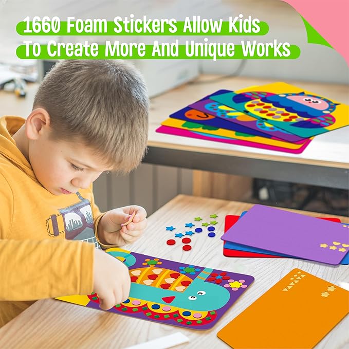 Sticker Art Activity, 20 Animals With 1660 Foam Stickers in 10 Colors - Fun DIY Craft Kits Travel Game for Kids, Boys & Girls