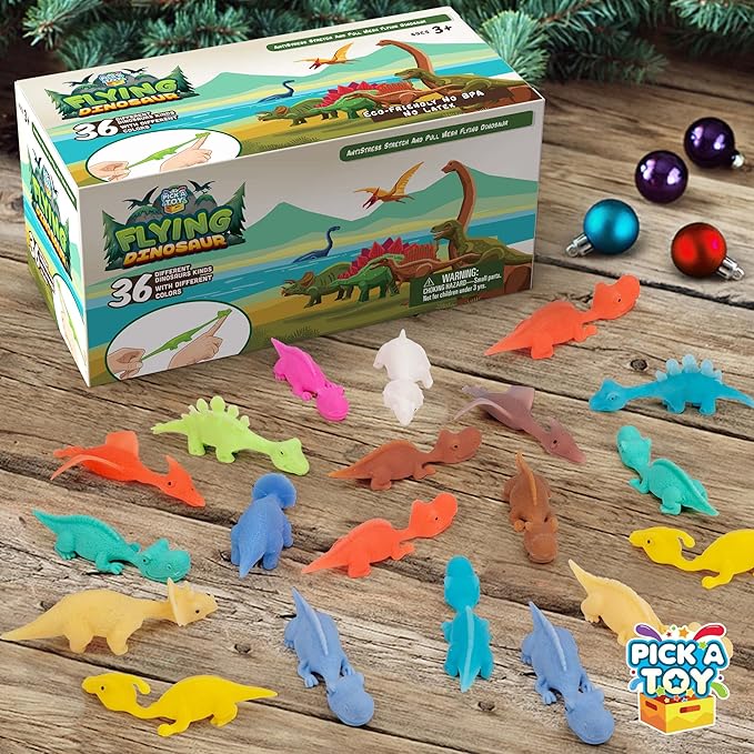 PICK A TOY Stretchy Slingshot Dinosaur Toys – 36 Mini Rubber Dinosaurs, Party Favors, Kids Prizes, Easter Egg Fillers, Finger Flingers Flying Chicken Toy
