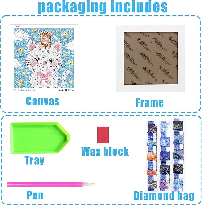 geesfayan Diamond Art Kits for Kids Ages 8-12,6 Inch DIY Gem Art Painting with 7 Inch Frame, Complete Starter Kit for Beginners, Creative Arts & Crafts Gift for Girls & Boys (Cartoon Cat)
