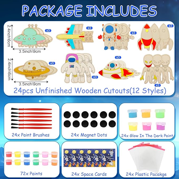LARDUX Space Party Favors, 24PCS DIY Wooden Arts & Crafts Painting Kit for Kids, Glow in The Dark Party Favors Family Crafts Birthday Party Christmas Gifts Toys for Boys Girls