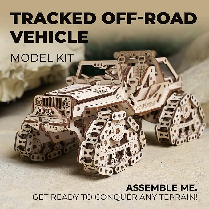 UGEARS Tracked Off-Road Vehicle - 4WD Model Vehicle Kits to Build - DIY 3D Car Model Puzzle with Spring Motor, 2 Driving Modes, Openable Hood with Engine - 3D Wooden Puzzles for Adults