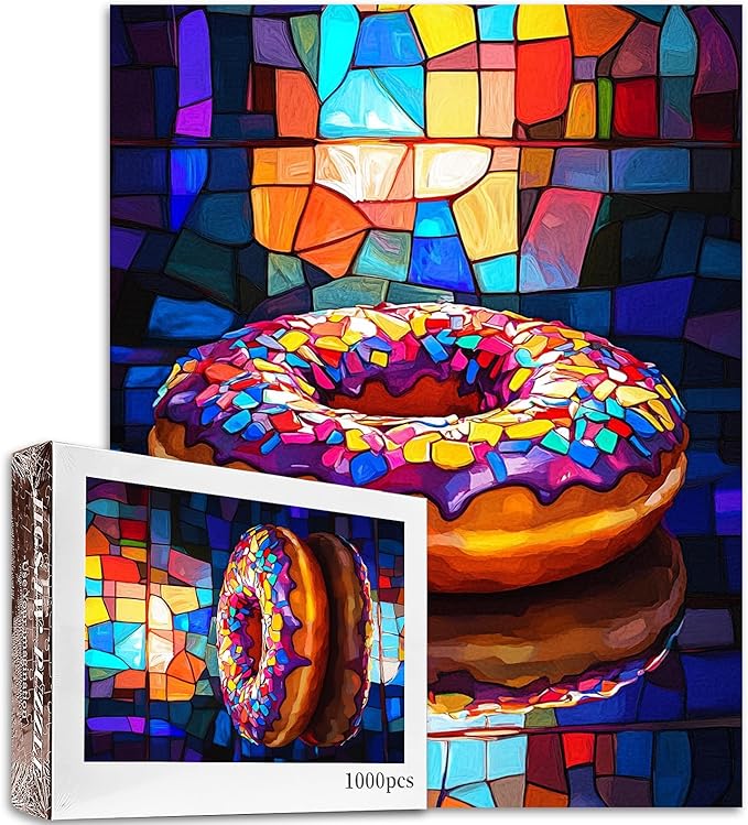 Glass Doughnut Jigsaw Puzzle，Big Doughnut 1000 Pieces Jigsaw Puzzles for Adults，27 x 20 Inches Puzzles for Families，HD Quality Stained Glass Doughnut Photo Puzzle Gift，Family Activity for Game Nights