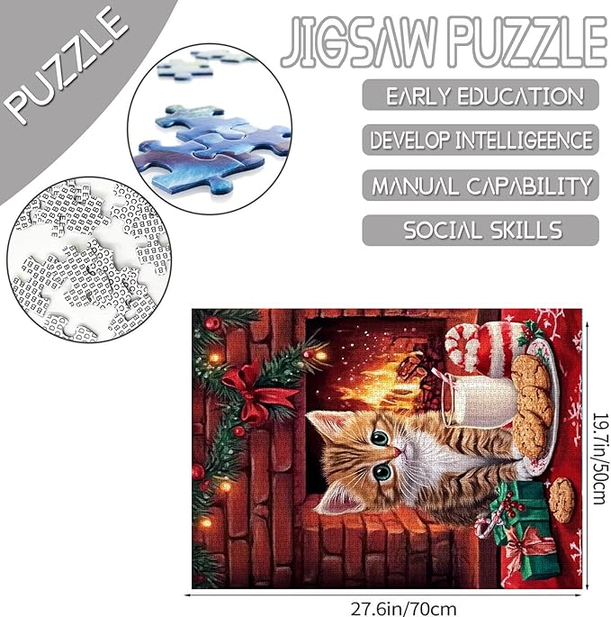 Cute Cat 1000 Piece Jigsaw Puzzles for Adults Merry Christmas Painting Jigsaw Puzzle Fireplace 1000 Pieces Puzzles Game Living Room Wall Decor DIY Craft Animal/Wildlife Puzzle Art Gift(Colorful)