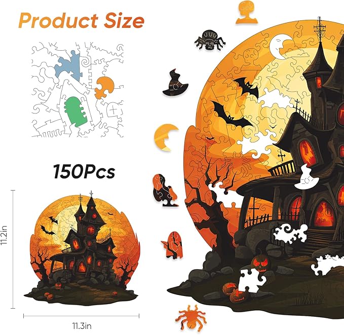 Ruikiyart Wooden Puzzles for Adults, 5MM 200 Pieces Halloween Castle Wooden Jigsaw Puzzles, Unique Shape Pieces Gift for Kids and Adults on Halloween (11.3"x11.2")