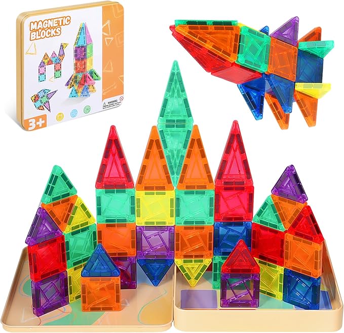 60 PCS Mini Magnetic Tiles, Travel Magnetic Tiles Magnetic Building Blocks with Iron Box, Portable Travel Toys for Kids Ages 4-8, STEM Learning Educational Construction Travel Toys for Toddlers 3+