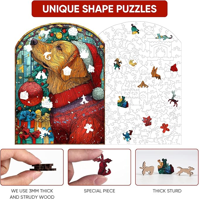 Christmas Jigsaw Puzzles for Adults - Dog with Santa Hat 202 Pcs Unique Shaped Holiday Wood Puzzle with Wooden Storage Box, Festive Family Game Night for Art Lovers 8.9x12 Inch