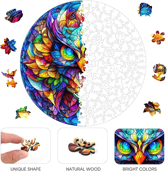 Wooden Puzzle for Adults Colorful Owl Jigsaw Puzzles Unique Animal Shape Puzzles Family Game Fabulous Gift for Kids and Adults on Birthday 500 Pieces 16.5 * 16.5in