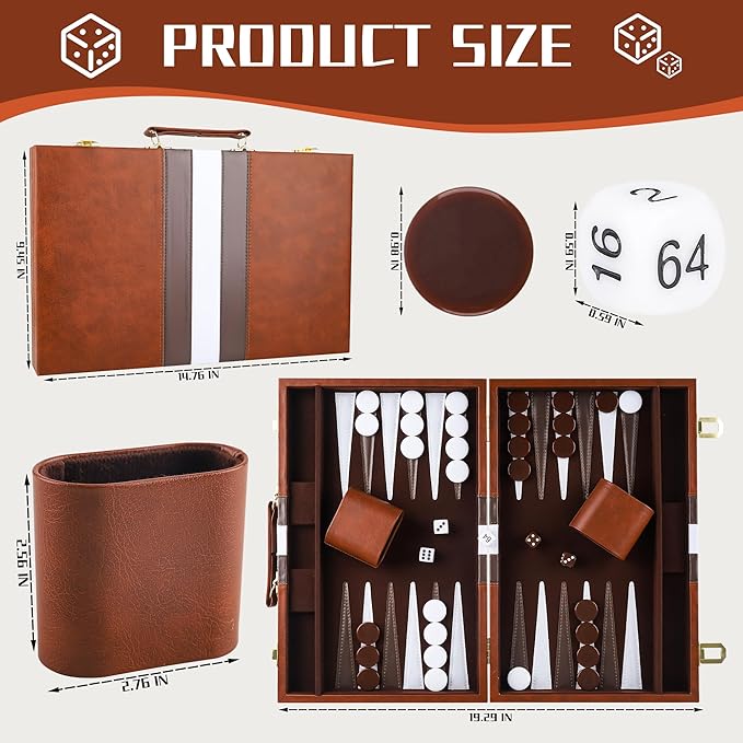 Froggod 15 inch Backgammon Sets for Adults - Classic Board Game for Adults - Portable Travel Backgammon Set for 2 Players - Perfect Adult Board Games for Gifts & Family Fun(Brown)