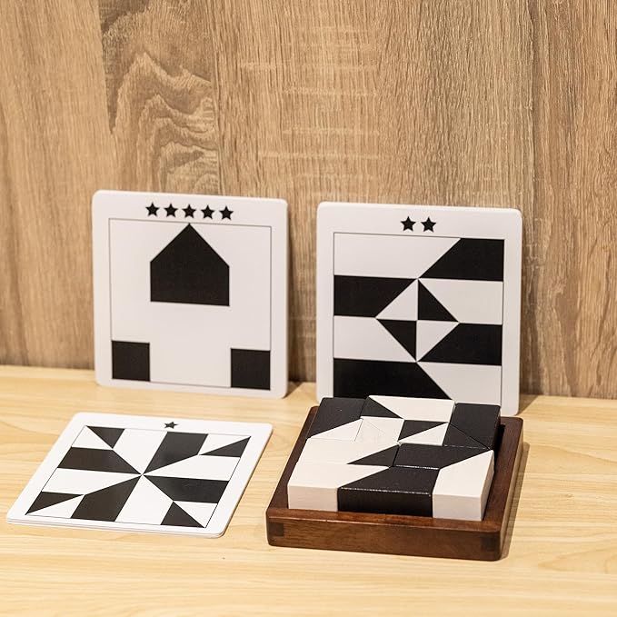 Wooden Hidden Blocks Puzzle Game - 80 Brain Challenges with Solid Wood Box & Deluxe Black and White Pieces, 3D Logic & Spatial Thinking Tabletop Toy, Perfect for Family Fun & Creative Gifts
