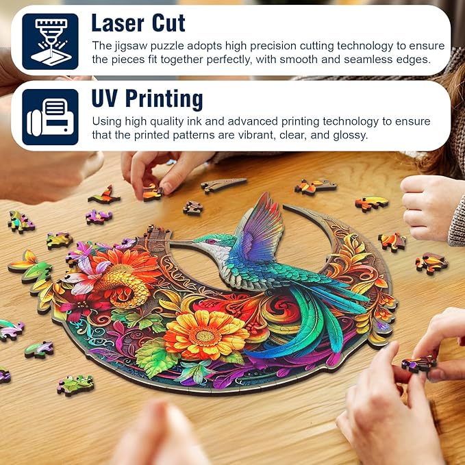 Unique Wooden Puzzles for Adults, Hummingbird Puzzle 200 Pieces 11.42" x 11.42", Animal Shaped Wood Puzzles Adult Brain Teasers, Wooden Jigsaw Puzzles, Family Games for Kids and Adults