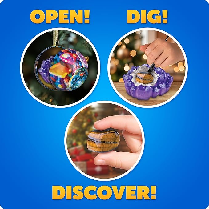 Blue Marble Science Surprise Christmas Ornament Dig Kits – 4 Ornaments with Mini Gemstone and Dinosaur Dig Bricks, Includes Digging Tools and Learning Guide