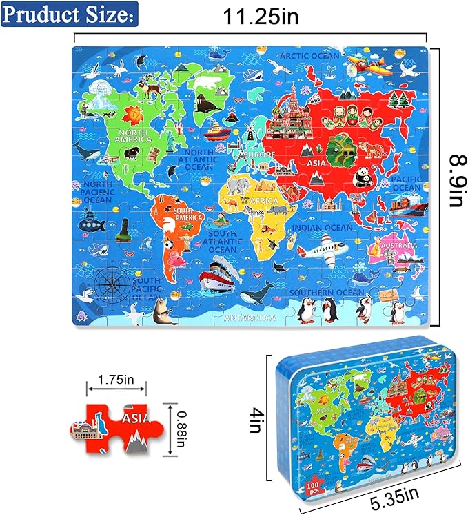 LELEMON World Map Puzzles for Kids Ages 4-8,100 Pieces World Sea Map Jigsaw Puzzles in a Metal Box,Fun World Map Learning Educational Toys for Boys Girls