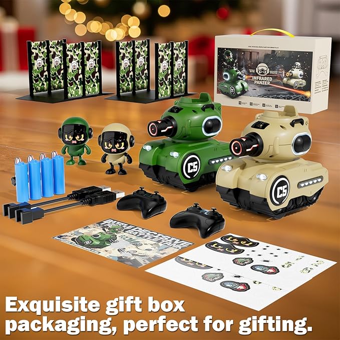 2 Pack Cute Cartoon Remote Control Battle Tanks with Laser tag|Hobby RC Cars Shoot to Ejected Out|Military Army Toys for 6 7 8 Year Old Boys Girls | Christmas Birthday Gifts for Toddler