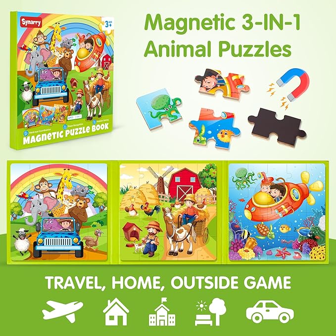 SYNARRY Magnetic Puzzles for Kids Ages 3-5, 20 Pieces Toddler Animal Puzzles, Children Travel Activity Toys Games for 3 4 5 6 Years Old Kids Boys Girls in Car Airplane, Learning Magnet for Road Trip