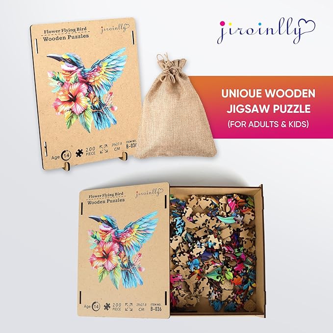 Wooden Puzzle for Adults, Hummingbird Jigsaw Puzzles 200 Piece, Unique Shapes Family Reunion Puzzle for Adults and Kids, Beautiful Package, Best Gift for Family Friends Medium 11.4x11in