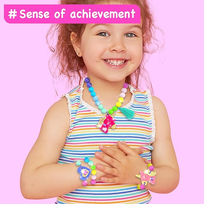 EZCRA Bracelet Making Kit for Kids 4-6 - 12 DIY Jewelry Craft Set with Beads, Gem Stickers and Charms for Girls Ages 5-8 - Easy DIY Bracelet Kit, Gift for Girls