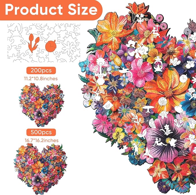 Puzzles for Adults Heart Flower Wooden Puzzles, 500 Pieces Unique Shaped Liberty Jigsaw Puzzles, Birthday Gifts for Mom Adults and Kids, Fun Challenge Family Game 16.7'' x 16.2''