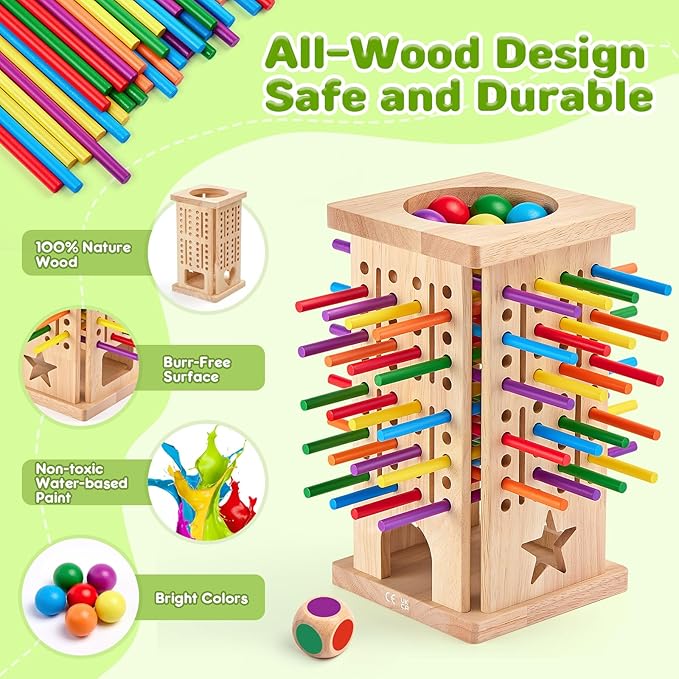 Montessori Wooden Board Games, 42 Colorful Sticks Math Learning Toys for 3 4 5 6 Year Olds, Board Games for Kids 4-6, Fine Motor Skills Toy Family Travel Game, Gifts for Boys Girls 3 Year Old