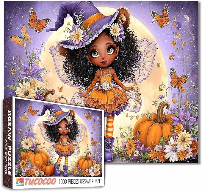 Cute Halloween Fairy Witch Jigsaw Puzzle for Adults 1000 Piece Pumpkins Butterflies and Flowers Puzzles Colorful Fantasy Art Puzzle for Women Men Teens Challenging Game Fun Autumn Decor