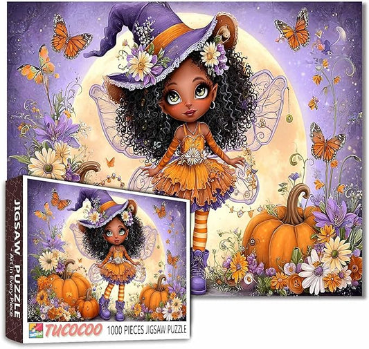 Cute Halloween Fairy Witch Jigsaw Puzzle for Adults 1000 Piece Pumpkins Butterflies and Flowers Puzzles Colorful Fantasy Art Puzzle for Women Men Teens Challenging Game Fun Autumn Decor