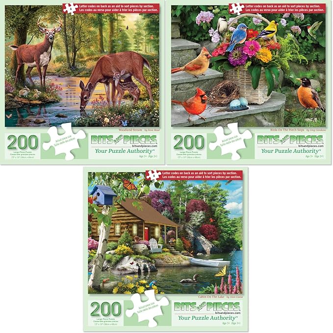 Bits and Pieces - Value Set of Three (3) - 200 Piece Jigsaw Puzzles for Seniors - Lettered Large Piece 200 pc Nature Jigsaws Bundle - 15” x 19” Each