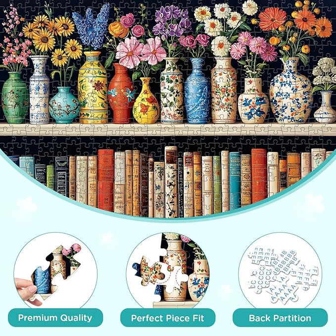 500 Piece Puzzle for Adults Puzzle, Beautiful Bookshelf Jigsaw Puzzle 500 Pieces, Flowers and Vase Jigsaw Puzzles for Adults Seniors, Fun Decor Challenging Family Games Holiday Party Gifts 20.5×15 in