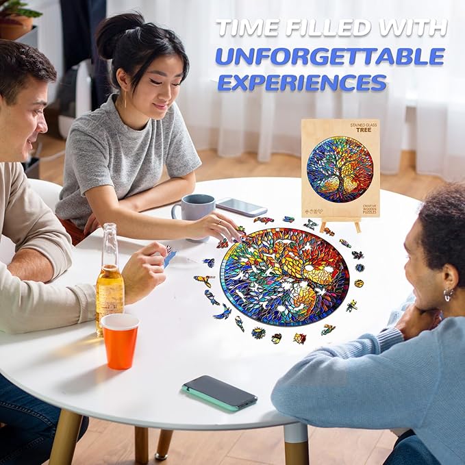 WOODBESTS Wooden Puzzles for Adults, Stained Glass Tree Wood Puzzles Adult(200 Pieces, M, 11.4 * 11.4in), Unique Shape Wooden Animal Jigsaw Puzzles, Birthday Gifts for Adults Family Game