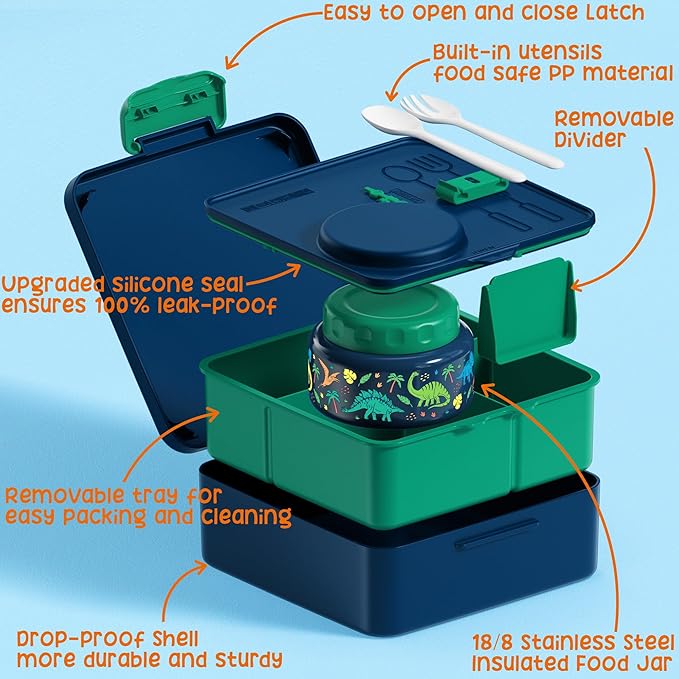 Fimibuke Bento lunch Box Set for Kids Adult with 8oz Thermos Food Jar, Insulated Lunch Bag &Sauce Cup, Leakproof Dishwasher Safe Toddler Lunch Food Container with 3-4 Compartment for School Girls Boys