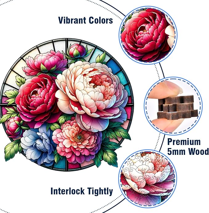 Wooden Jigsaw Puzzles for Adult, Glass Peony Flowers Wooden Puzzle, 200 Piece, Medium Size 11.23" x 10.95", Unique Challenge Puzzle for Puzzle Lover, Premium 5mm Wood, Vibrant Colors