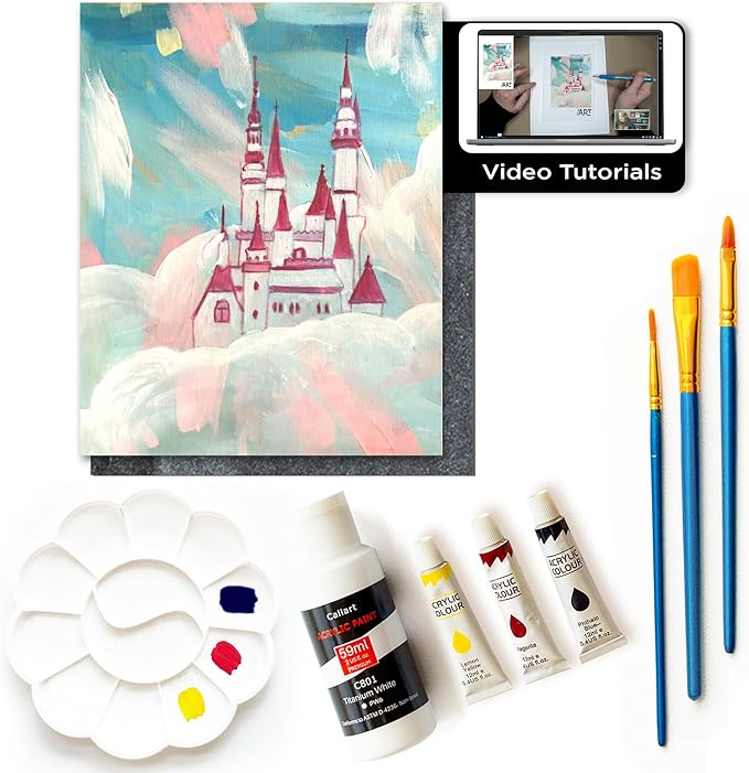 Painting4Real DIY Painting Class Kit for Adults with Video Tutorials: Learn to Paint Pink Castle – How to Paint with Acrylics – Painting & Art Supplies – 9 Piece Acrylic Paint Set