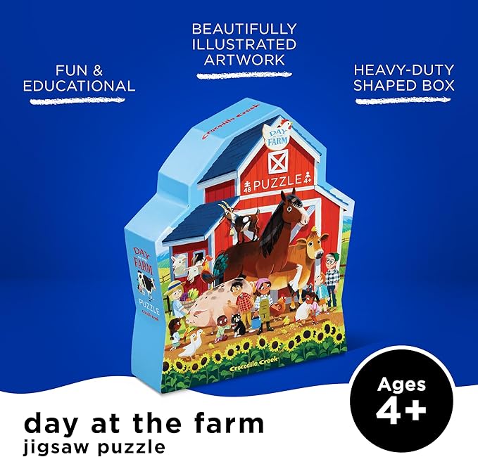 Crocodile Creek 48-Piece Jigsaw Floor Puzzle - Fun Floor Puzzles for Kids Ages 4-8 - Heavy-Duty Shaped Box for Storage - Day at The Farm - 18 x 24 inches Finished