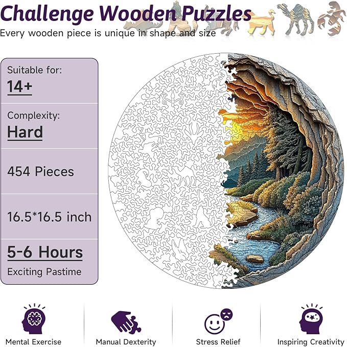 Nature Art Wooden Jigsaw for Adults - Unique Animal Shaped Wood Jigsaw Puzzle, 454 Pieces Large Size Adult Wooden Puzzles, Round Cave Stunning Sunset Forest Scene Landscape Wood Puzzle