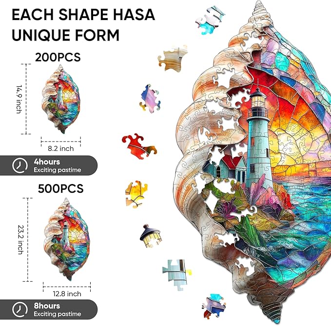 Shell Lighthouse Wooden Puzzles, 200 Pieces Jigsaw Puzzles, Unique Design Wooden Puzzles for Adults and Kids, Family Game Gift 8.2 x14.9 inch