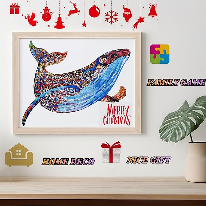 Wooden Jigsaw Puzzle for Adults,Blue Whale Animals Shaped Magic Puzzle Pieces Best Gift for Adults,Can be Used as a Cool Mouse Pad,225pcs,(19.29 * 12.79 inches)