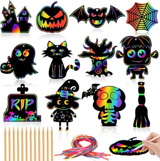 JULMELON Halloween Craft Kits, 48PCS Rainbow Magic Scratch Art Halloween Hanging Ornaments Halloween Crafts Scratch Paper Halloween Party Favors Games