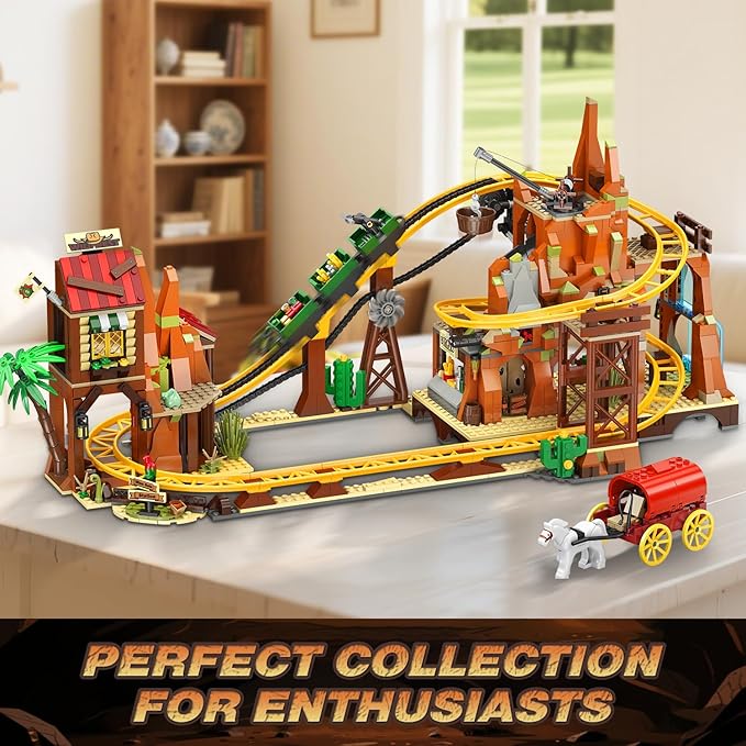 Western Roller Coaster Building Set, Rollercoaster Building Toy with Mine Train, Lifting Chain Drive, Carriage, 1270PCS Mining Coaster Model Playset Gift for Adults Teens Kids Boys Girls 10-12+