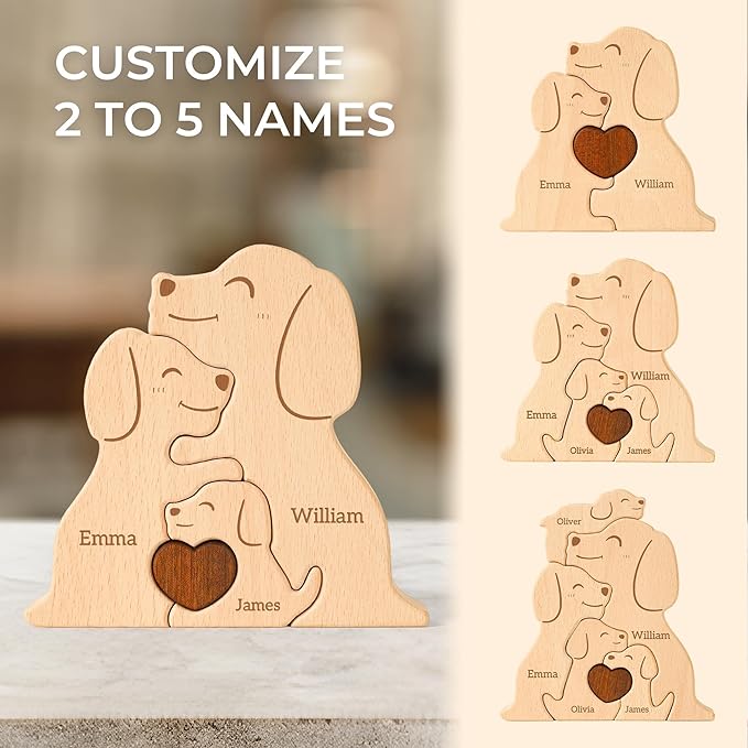 Wooden Dogs Family Puzzle, Personalized Puzzles with 2–5 Names, Father's Day Personalized Gifts for Mom Dad Kids Teen Boys Girls Grandma, Toddler Men Mother's Day Birthday