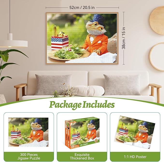 300 Piece Puzzles for Adults, Mr. Lizard Dining Puzzle, Vegetable Salad Jigsaw Puzzle 300 Pieces, Fun and Challenging Adult Puzzle Game, Home Decor Gift for Adults Kids Seniors, 20.5" x 15"