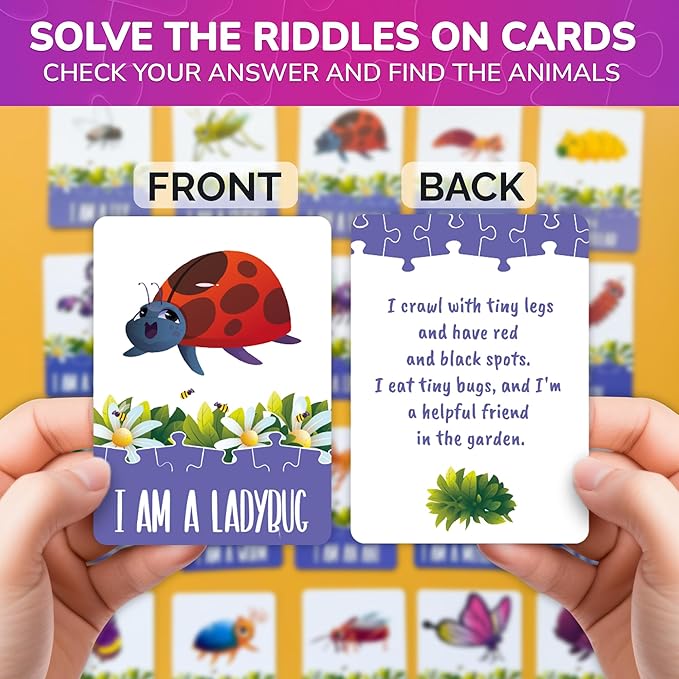 QUOKKA Search and Find Puzzles for Kids Ages 4-6 - Riddle Kids Puzzles 6-8 Years Old - 70 Unique Pcs - 20 Illustrated Guessing Cards - Engaging Children Themes - Bugs Puzzle Gift for Toddlers 3-5