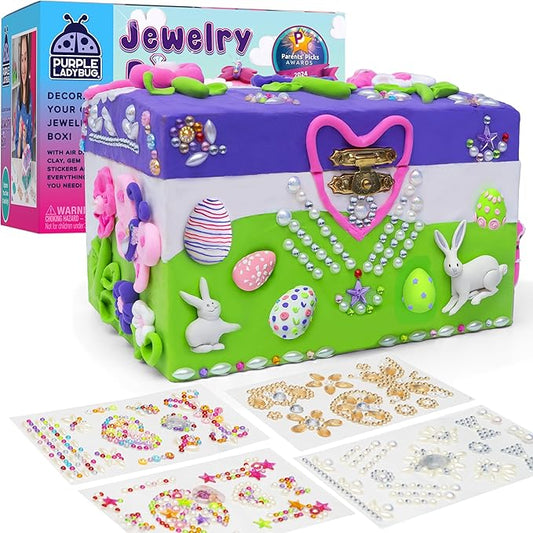 PURPLE LADYBUG Design Your Own Jewelry Box Craft Kit with Clay & Gem Stickers – Craft for Girl 8-12, Girls Arts & Crafts Age 6-8 & Up – Birthday Gift for Girls 8-10 Years Old