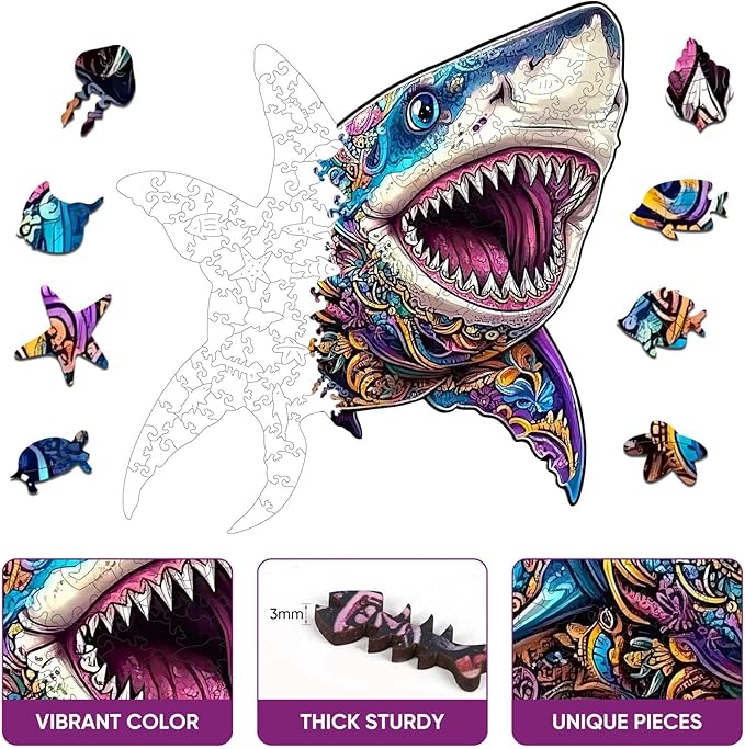 Wooden Jigsaw Puzzle, 500 Pcs Unique 3D Shape Jigsaw Puzzles, Wood Puzzle Gift Box Packing, Medium Size Letter, Creative Gift for Adults and Kids, Fun Challenging (EA2Shark, 500PCS)