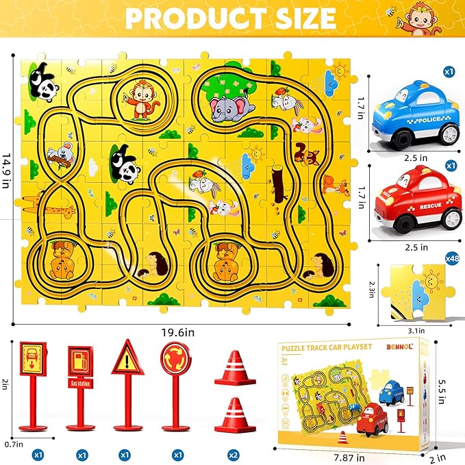Bennol Puzzle Tracks Car Toys Gifts for 3 4 5 Year Old Boys, 48PCS Puzzle Racer Cars Play Set for Kids Ages 3-5 4-6, Toys Gifts for 3 4 5 Year Old Boys, Puzzle Racer Kids Car Track Set
