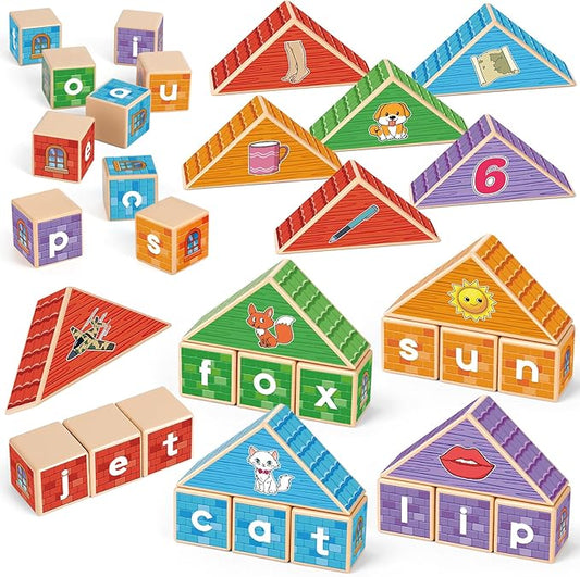 CVC Kasfalci Wooden Alphabet Letter Blocks - Toddler Phonics Games for Learning to Read & Spell, Speech Therapy Toys for Preschool Kindergarten Classroom