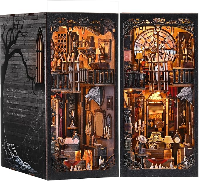 Book Nook Kit - Haunted Manor DIY 3D Wooden Puzzle for Adults, Horror Bookshelf Insert with LED Lights, Halloween Home Decor Gift,The Gothic Dark Family
