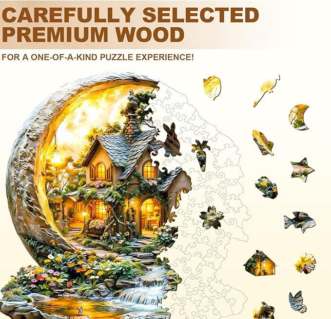 Jigfoxy Wooden Puzzle for Adults, Garden on The Moon Jigsaw Puzzles for Adult, Unique Animal Shape Wood Cut Puzzles, Christmas Thanksgiving Gifts for Friends Family (S-8.5 * 8.3in-100pcs)