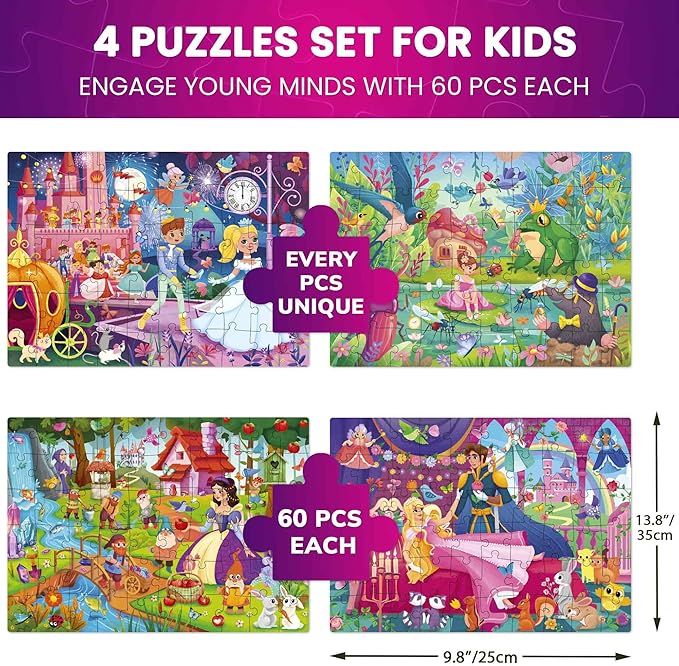 QUOKKA Puzzles for Kids Ages 4-6 – 4-Pack 60-Piece Puzzles for Kids – Fairy Tale Jigsaw Puzzle Set – Toddler Puzzle Ages 4-6 – Educational Learning Toys – FSC Certified – Gift for 5 Year Olds