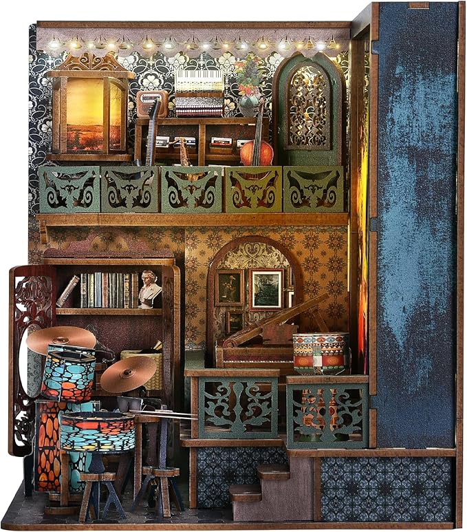 Book Nook Kit, Book Nook Kits for Adults and Teens, DIY Miniature Dollhouse Kit 3D Wooden Puzzle Booknook Bookend with LED Light