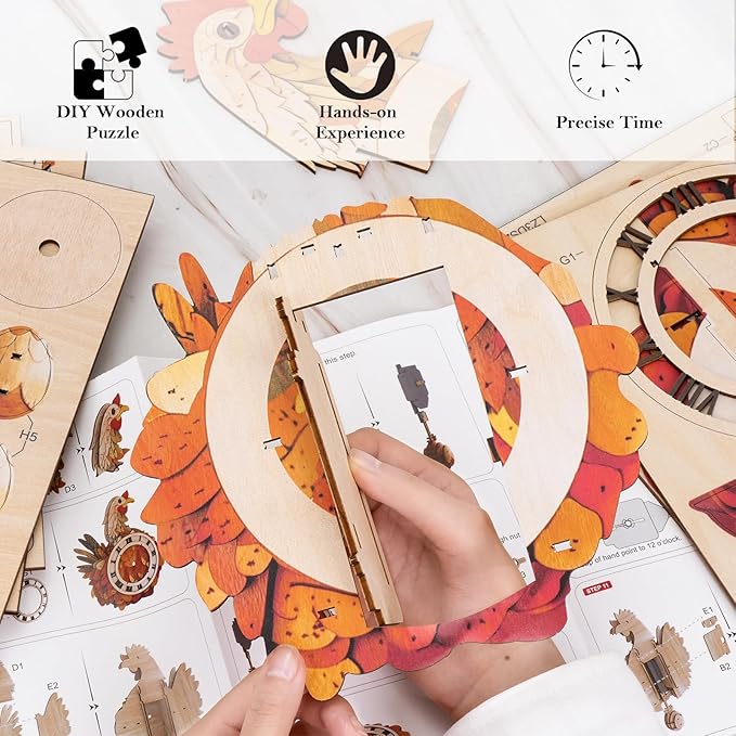 3D Wooden Puzzles for Adults Chicken Clock - Model Building Kit ‌‌Hen Clock Puzzle Creative Craft Gift Home Deco for DIY Enthusiasts, Brain Teaser Building Set Birthday Gifts