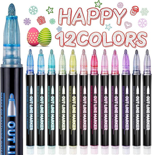 Teen Girl Gifts Trendy Stuff, 12 Shimmer Markers Outline Glitter Pens, Arts Crafts Kids Ages 8-12, Art Supplies for Kids 9-12, 8 Year Old Girl Birthday Gifts for 10 Year Old Girls
